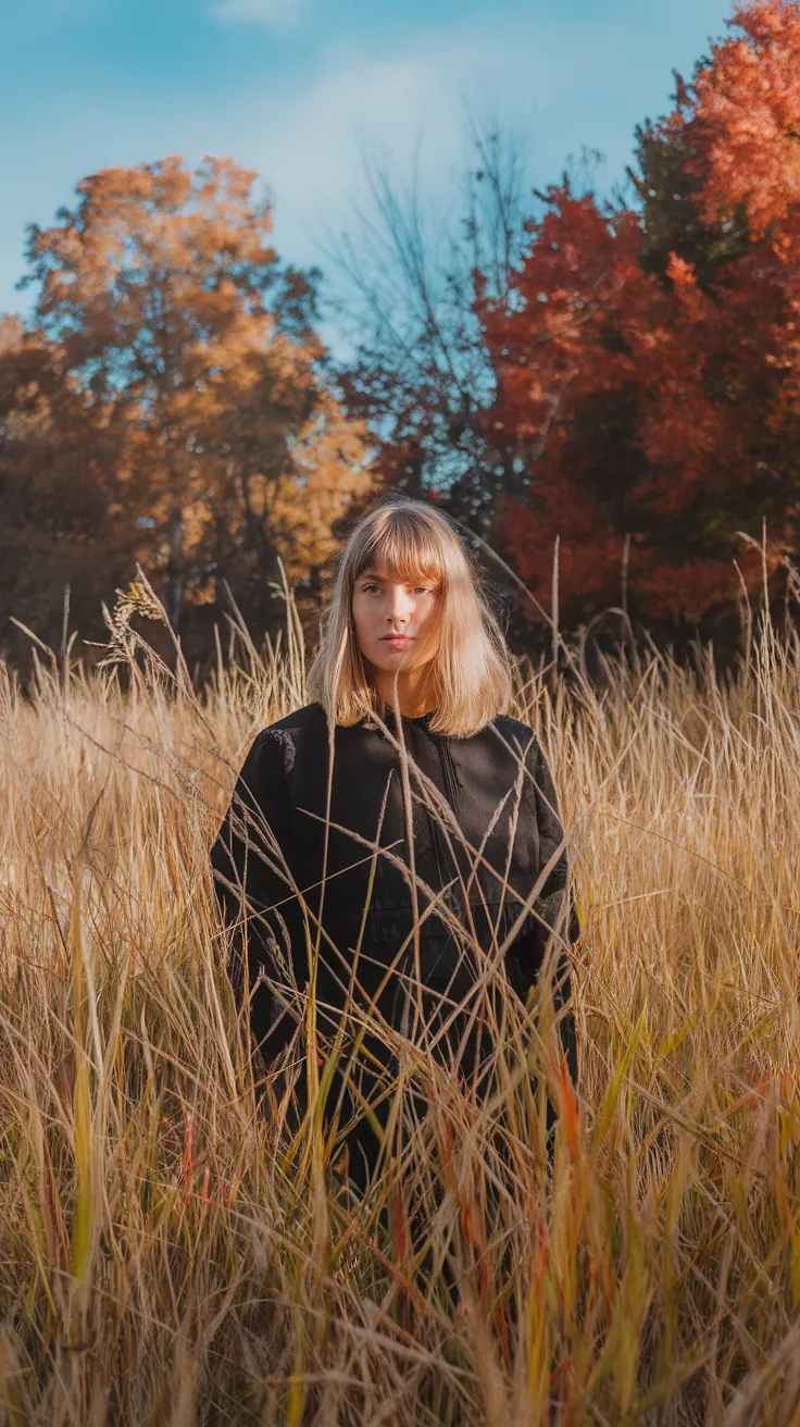 Blonde Lob A photo of a 27-year-old woman with a blonde lob, sun-drenched autumn field.