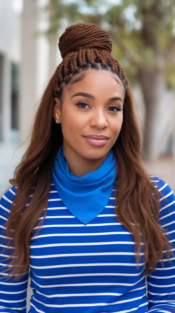 A photo of a 27-year-old black woman with chestnut brown colored long wavy hair, back view.