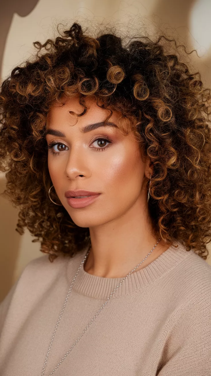 Curly Hair with Volume at Roots A beautiful 28-year-old woman with a curly hair with volume at roots.