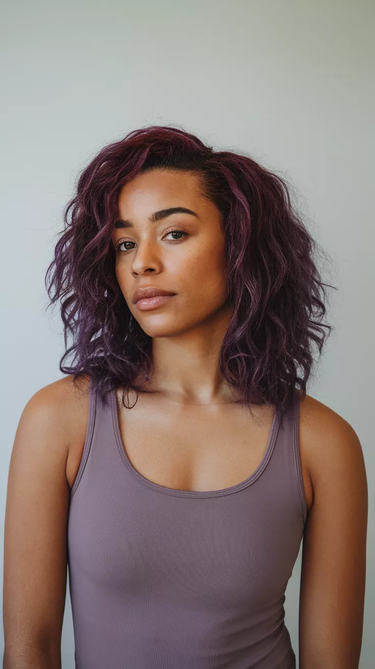 A photo of a 29-year-old black woman, simple tank top with amethyst purple colored medium curly hair, side view.