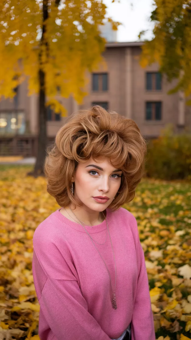 80s-inspired Teased Hair A photo of a 25-year-old woman with a 80s-inspired teased hair hairstyle, outdoor fall background.