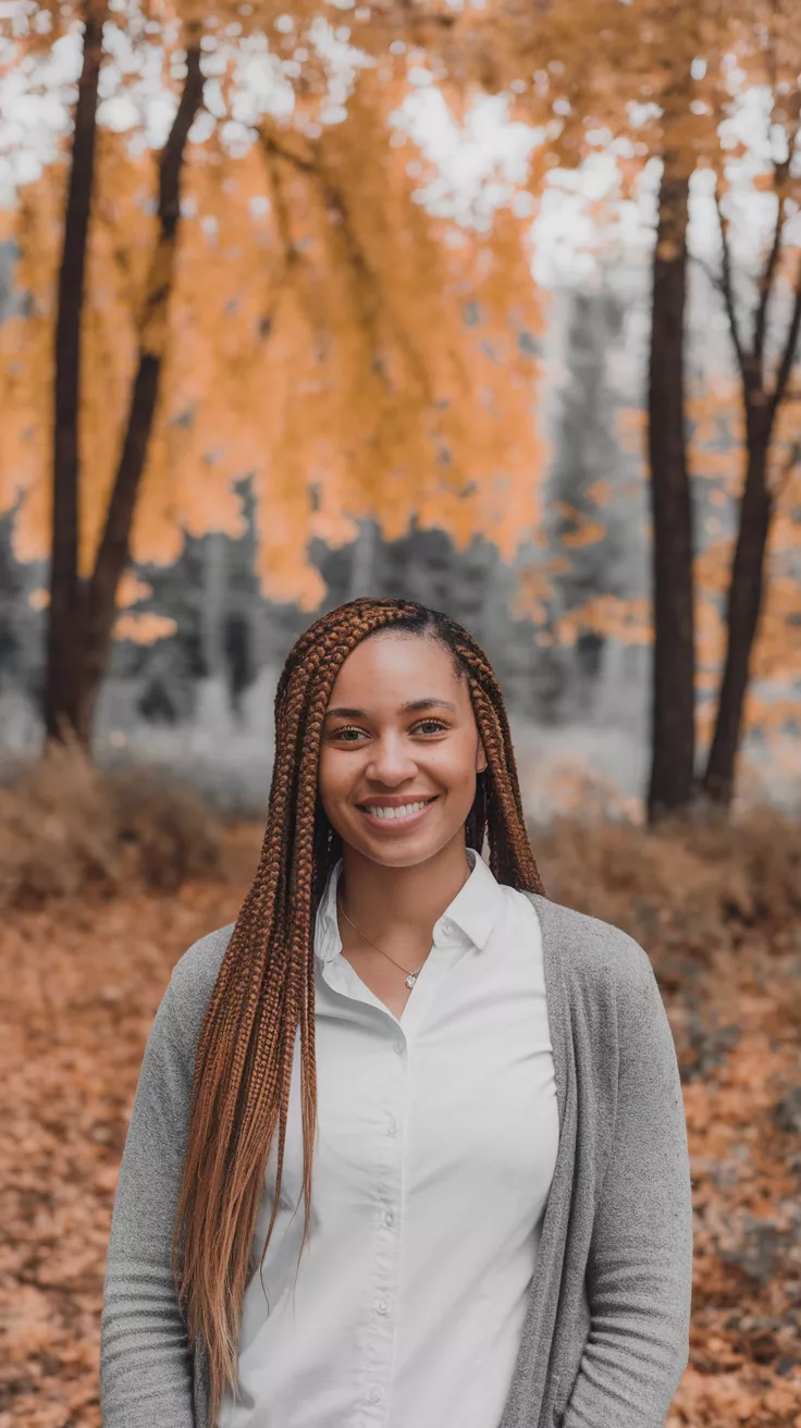 Box Braids with Autumn Colors A photo of a 28-year-old black woman with box braids, fall background.