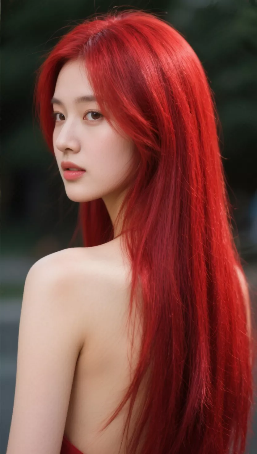 A photo of a 24-year-old woman with a timeless, pure, and traditional red hair color, vivid and consistent throughout, colored long, straight hair, back view.