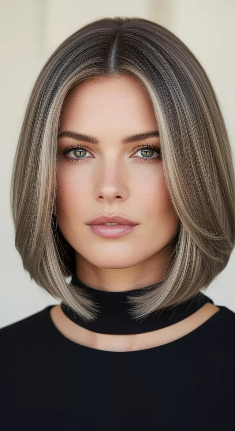 Mushroom Blonde A photo of a 35-year-old woman with a cool, earthy mushroom blonde featuring blends of ash and taupe colored sleek, straight bob, front view.