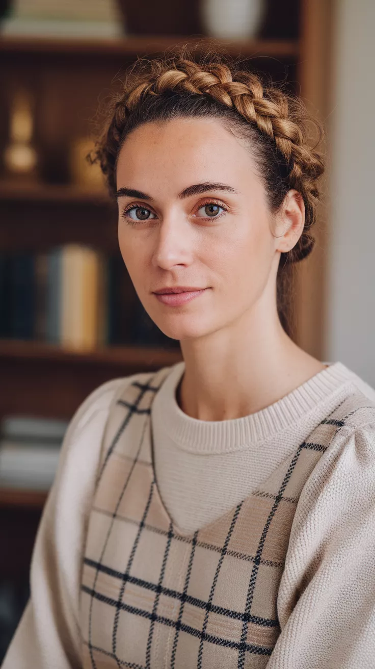 Curly Crown Braid A beautiful 30-year-old woman with a curly crown braid.