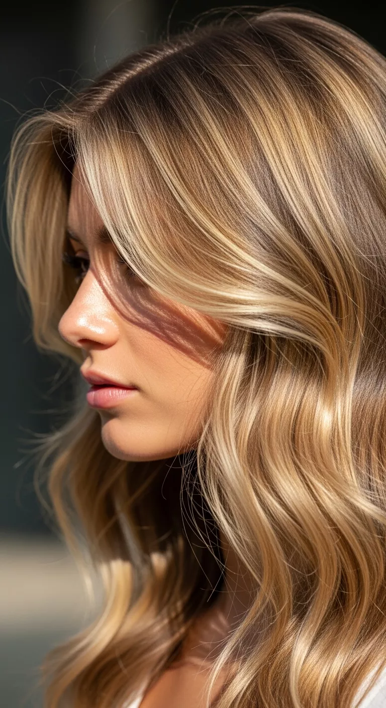 Wheat Blonde A photo of a 23-year-old woman with a natural, sun-kissed wheat blonde with a mix of golden and beige tones colored long, wavy hair, side view.
