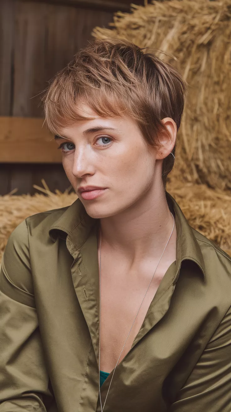 Choppy Pixie A photo of a 27-year-old woman with a choppy pixie, rustic barn setting with bales of hay.