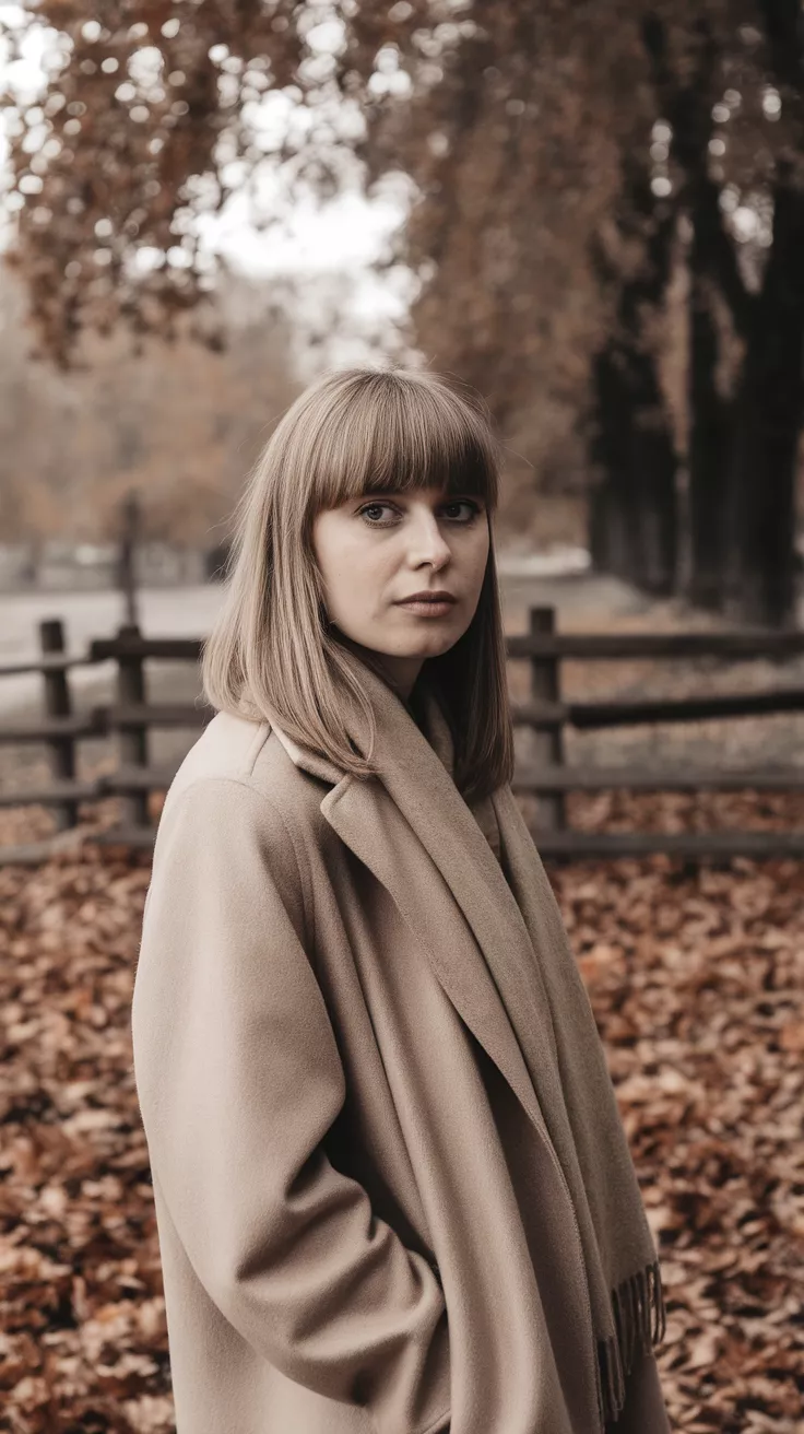 Simple Straight with Curtain Bangs A photo of a 32-year-old woman with a simple straight with curtain bangs hairstyle, outdoor autumn background.
