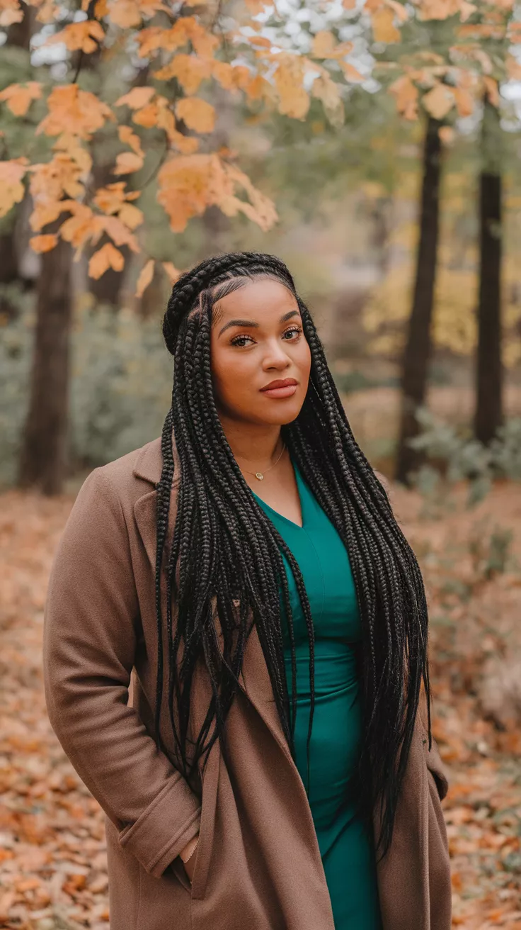 A photo of a 35-year-old black woman with halo braid, fall background.