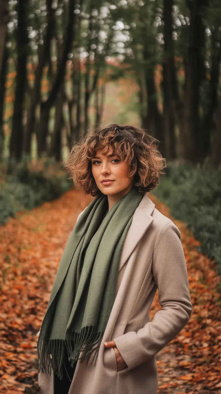 Curly Layered Bob A photo of a 29-year-old woman with a curly layered bob, woodland path with fallen leaves.