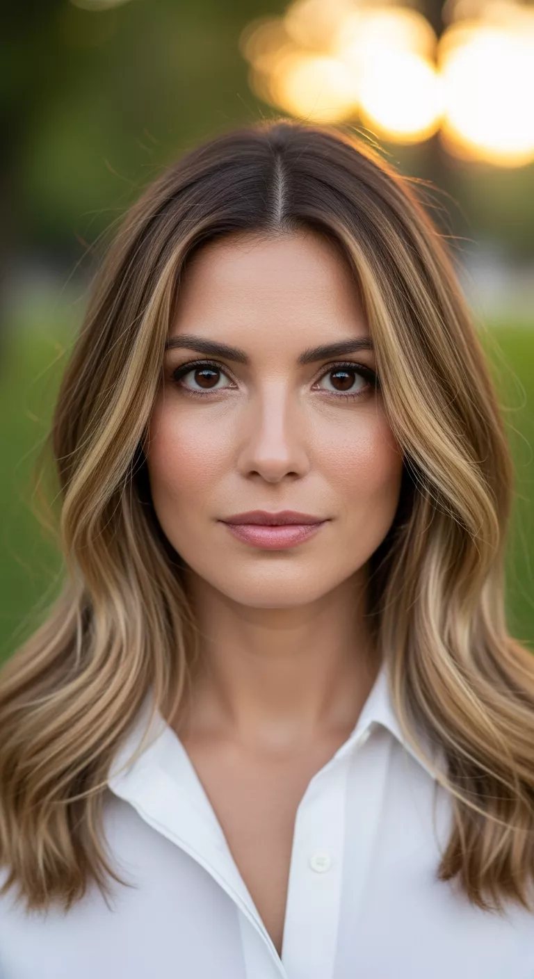 Bronde A photo of a 39-year-old woman with a perfectly blended bronde, balancing blonde and brown shades colored wavy, shoulder-length hair, front view.