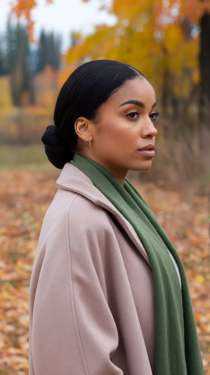 Sleek Low Bun A photo of a 32-year-old black woman with a sleek low bun, fall background.