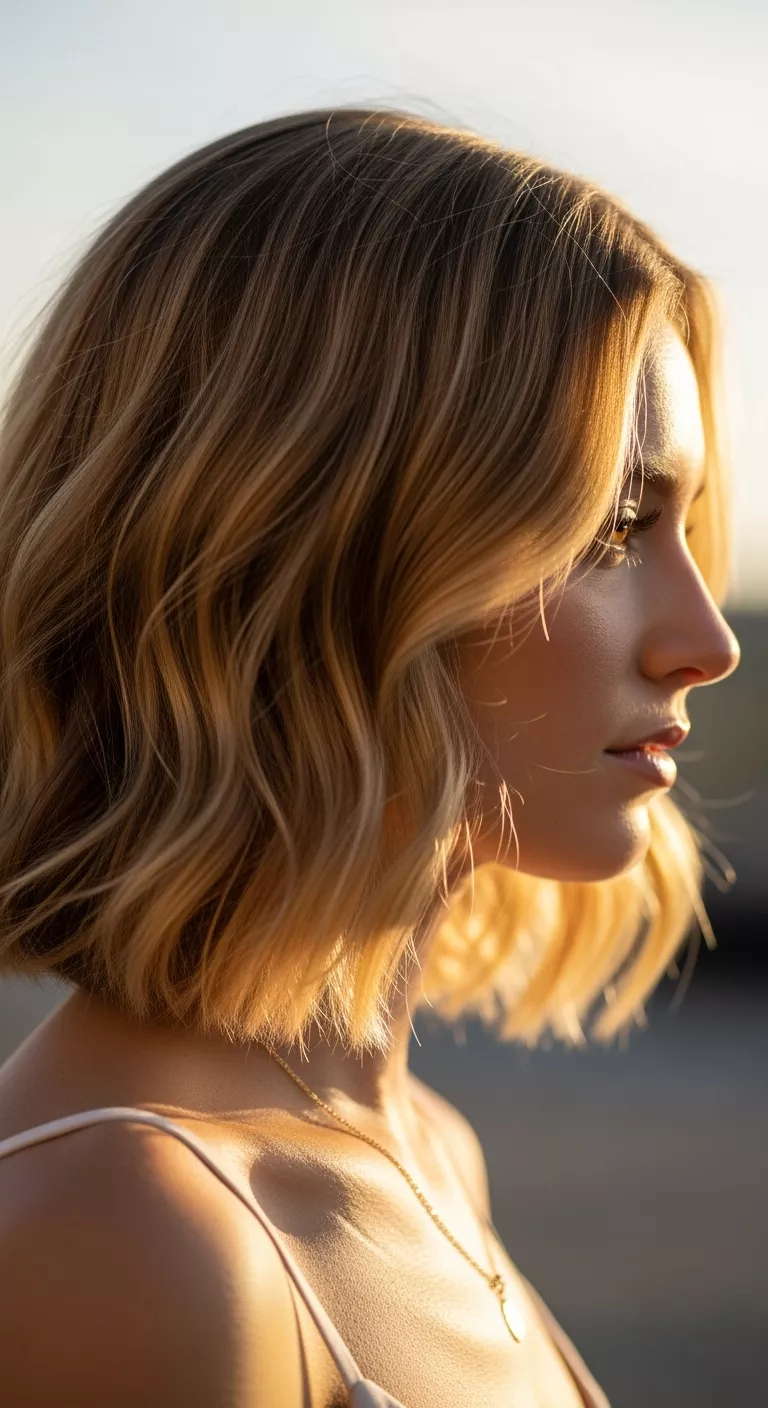 Natural Gold Blonde A photo of a 29-year-old woman with a soft, sun-kissed natural gold blonde colored wavy shoulder-length hair, side view.