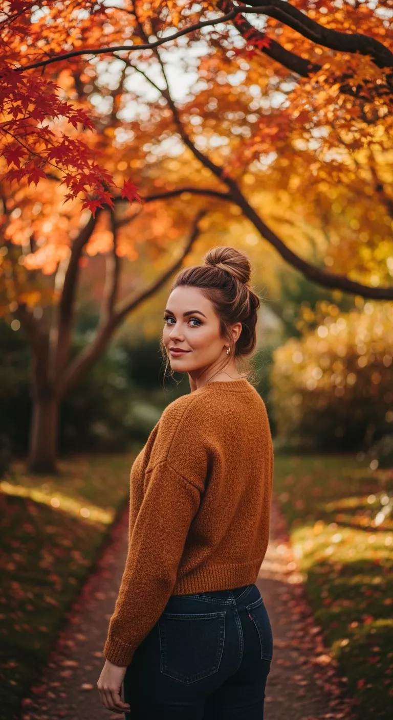 Twisted Half-up Bun A photo of a 30-year-old woman with a twisted half-up bun hairstyle, autumn garden background.