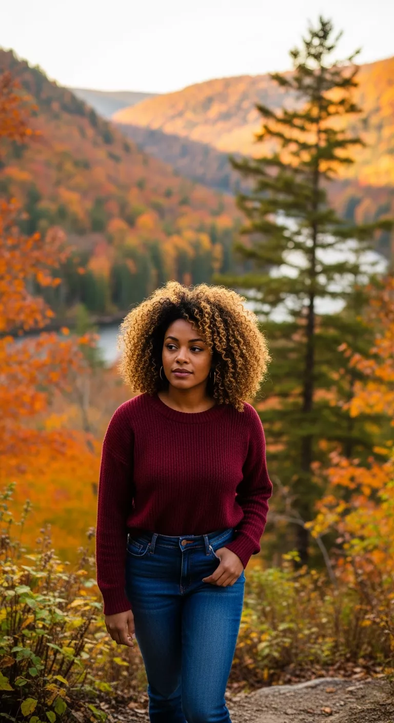 Voluminous Curls A photo of a 28-year-old woman with a voluminous curls hairstyle, dramatic autumn landscape background.