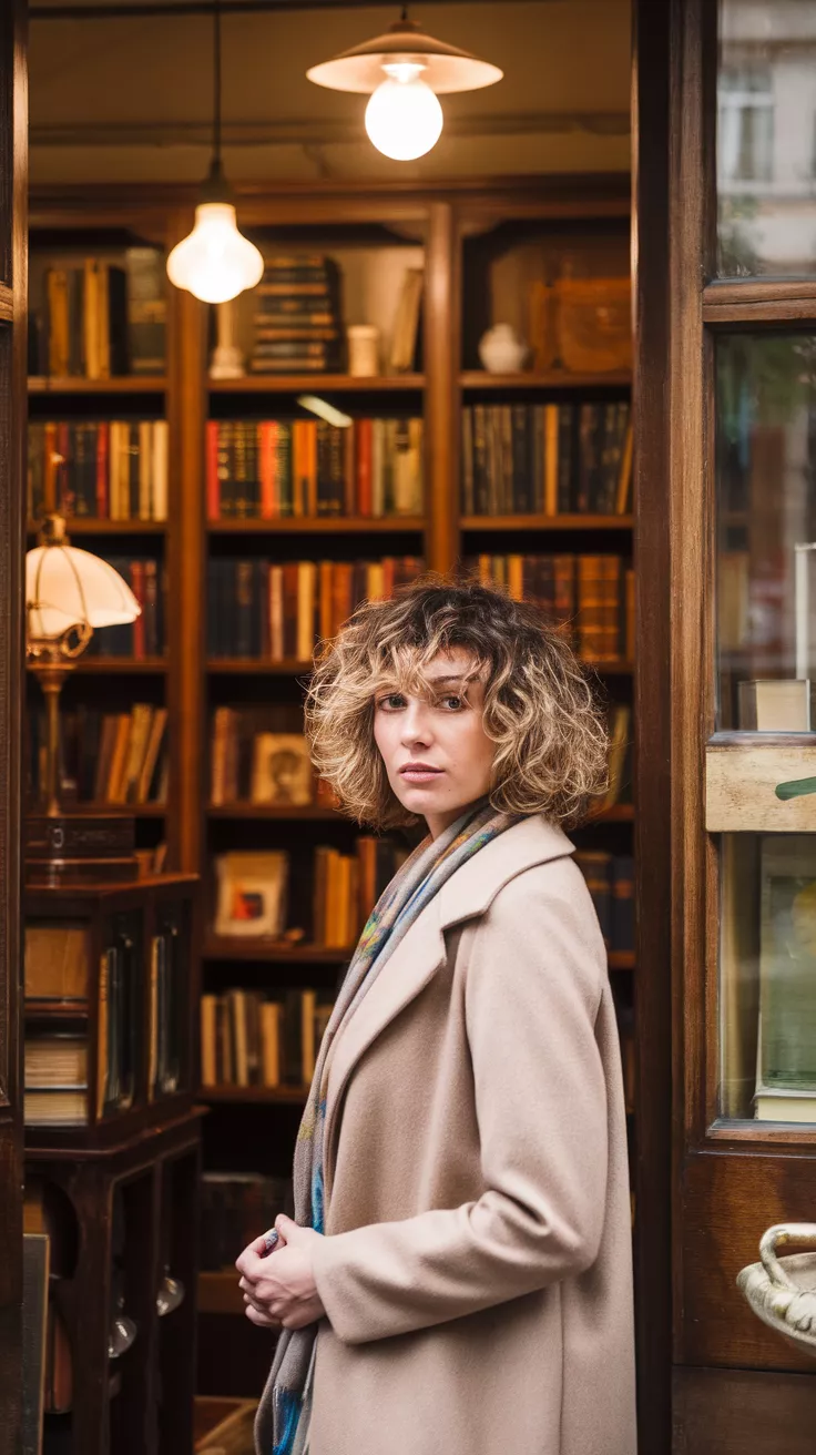 Curly Shoulder Shag A photo of a 36-year-old woman with a curly shoulder shag, antique bookstore with warm lighting.