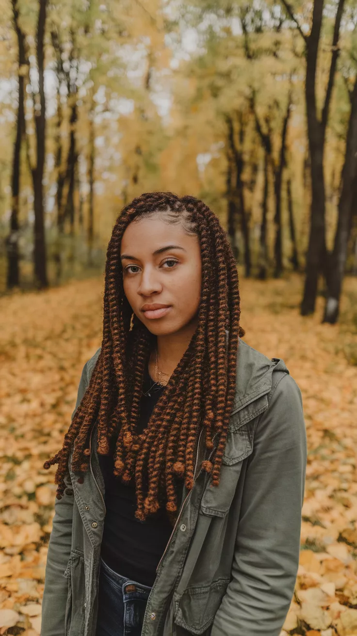 Flat Twists A photo of a 27-year-old black woman with flat twists, fall background.