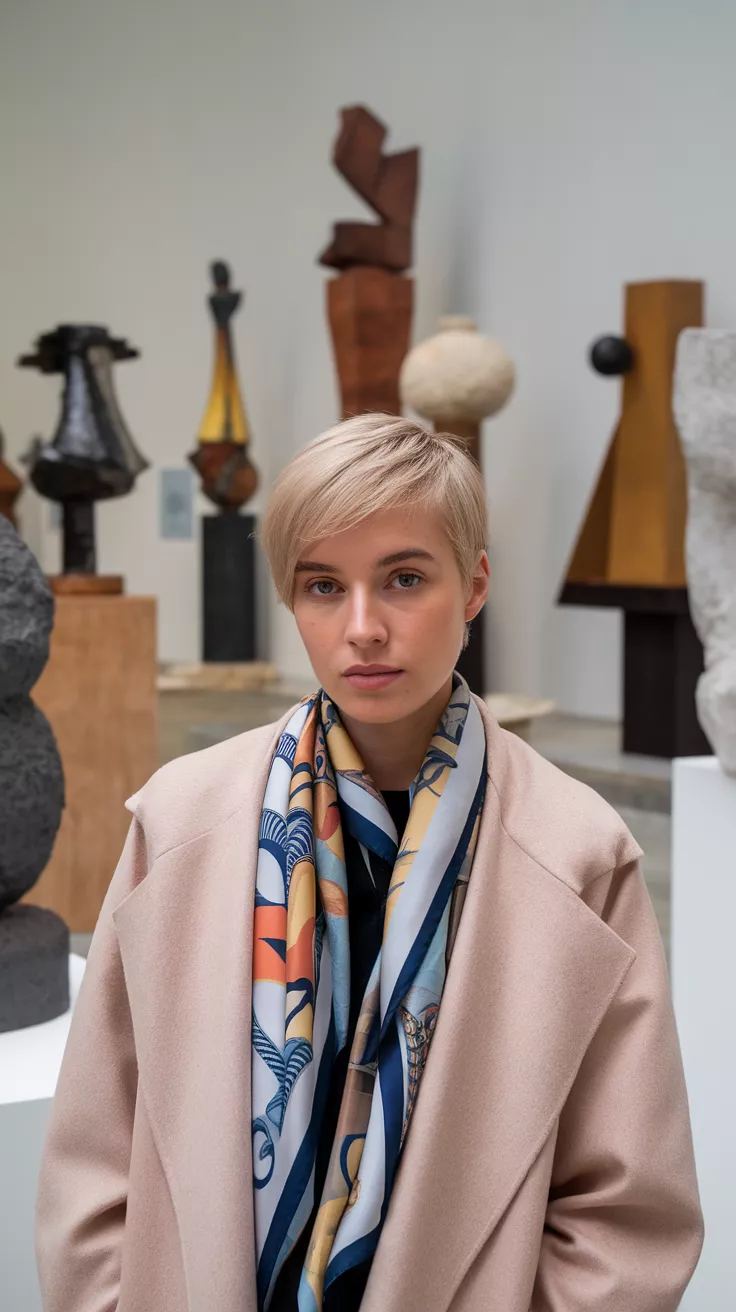 Asymmetrical Pixie A photo of a 20-year-old woman with an asymmetrical pixie, art gallery with modern sculptures.