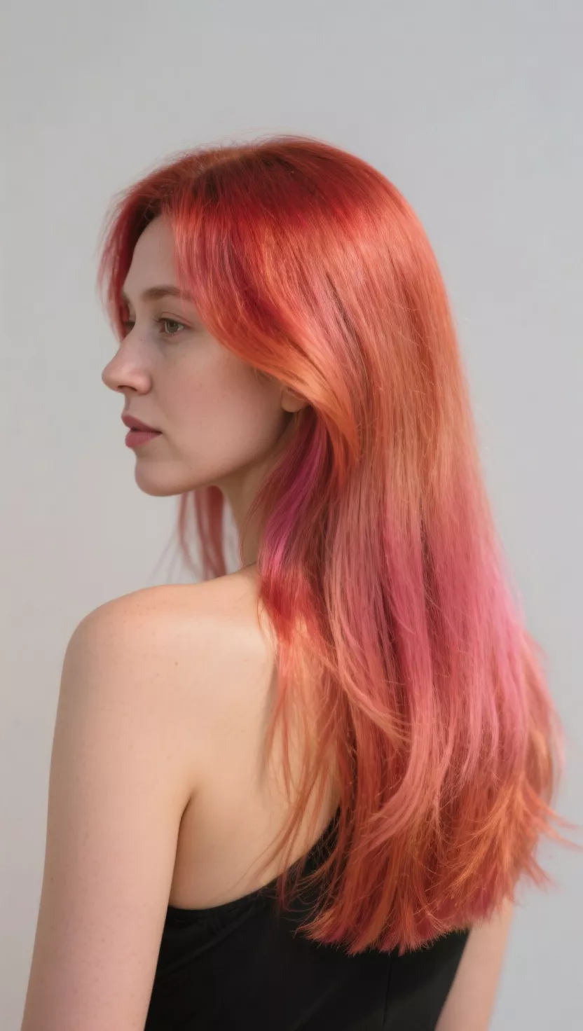 A photo of a 33-year-old woman with a light, warm red hair color with subtle pinkish or golden undertones, reminiscent of fresh strawberries, colored medium-length, straight hair, back view.