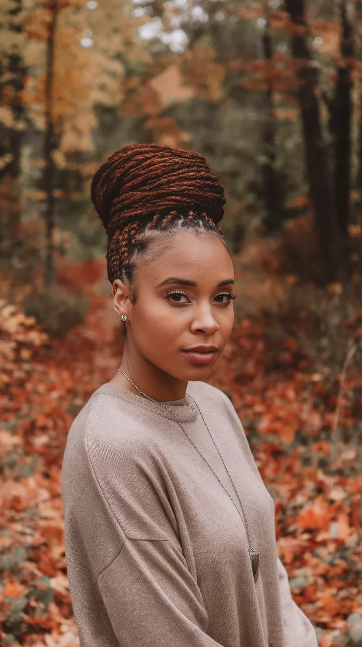 Twisted Updo A photo of a 30-year-old black woman with twisted updo, fall background.
