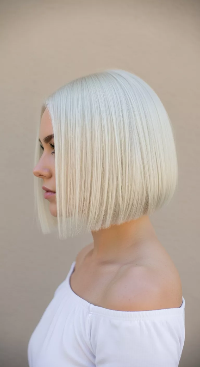 Icy Blonde A photo of a 29-year-old woman with a striking, pure icy blonde with no yellow tones colored short, blunt bob, side view.