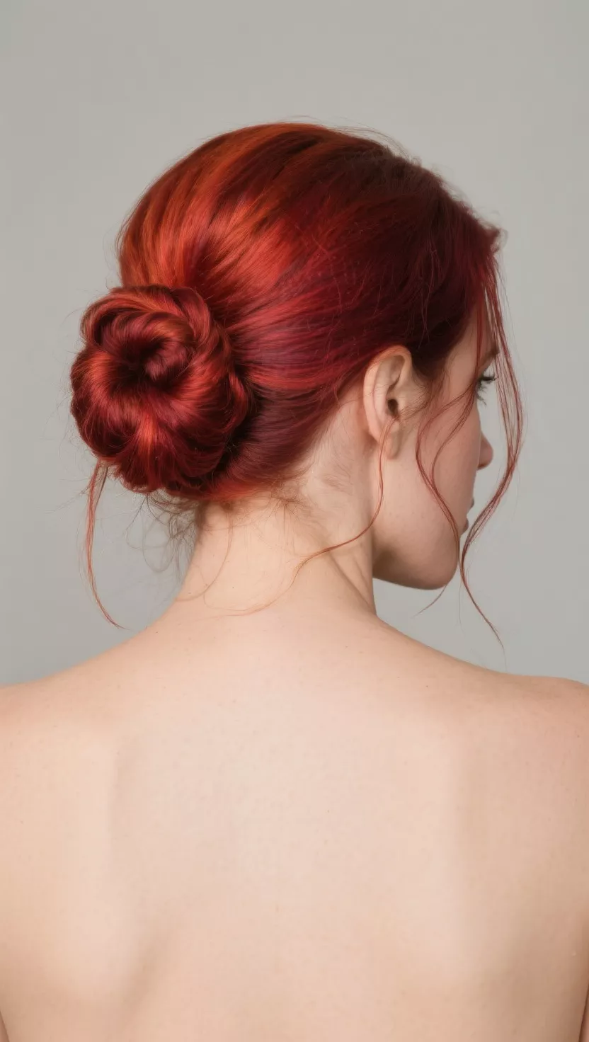 A photo of a 33-year-old woman with a red hair color, styled in a bun with strands pulled out to softly frame the face, colored updo with face-framing pieces, back view.