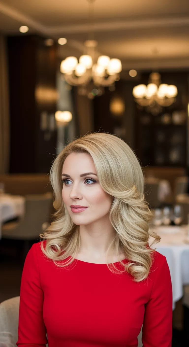 Classic Blowout A photo of a 35-year-old woman with a classic blowout hairstyle, elegant restaurant background.