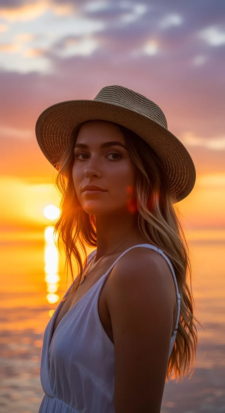 Beachy Waves A photo of a 24-year-old woman with a beachy waves hairstyle, golden sunset background.