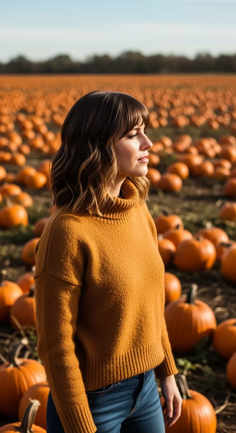 Curtain Bangs with Loose Waves A photo of a 27-year-old woman with a curtain bangs with loose waves hairstyle, pumpkin patch background.