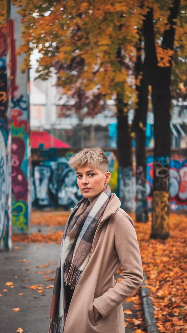 Shaggy Crop A photo of a 38-year-old woman with a shaggy crop, urban park with colorful graffiti and autumn trees.