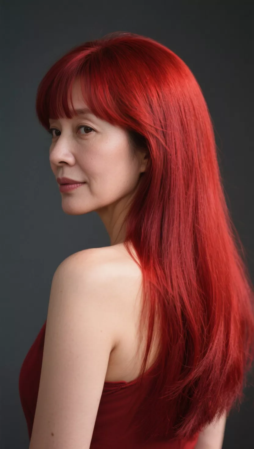 A photo of a 39-year-old woman with a red hair color, styled long with a fringe of bangs across the forehead, colored long, straight hair with bangs, back view.