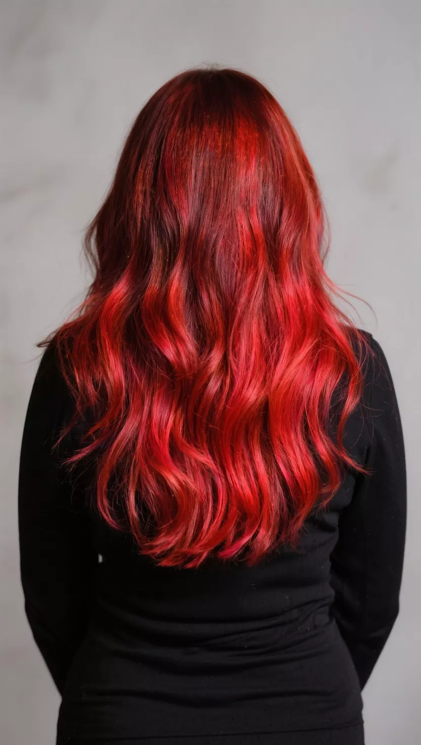 A photo of a 34-year-old woman with a balayage technique featuring vibrant, intense rocket-red highlights blended through a base color, creating a striking, multi-dimensional effect, colored long, layered hair, back view.
