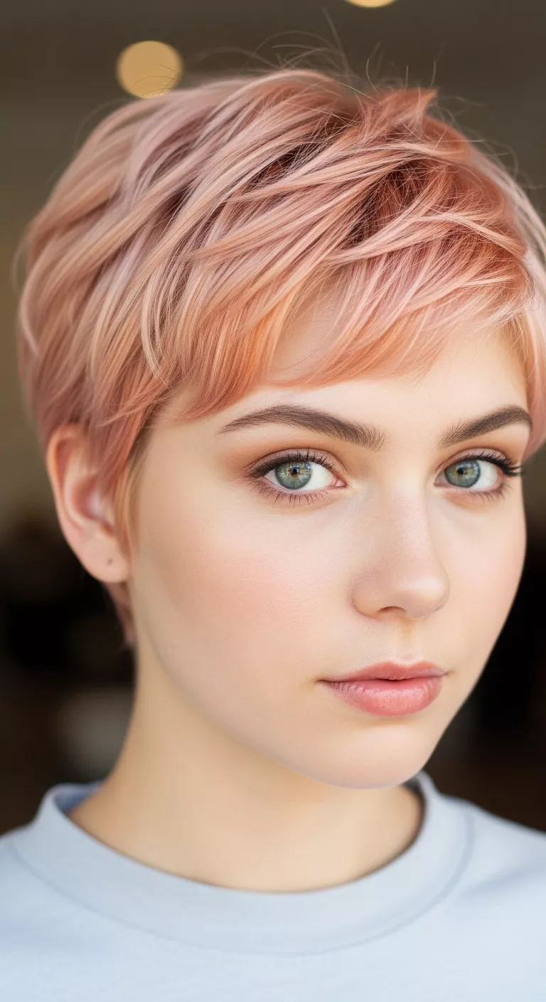 Hint-of-Peach Blonde A photo of a 22-year-old woman with a soft, peachy blonde with subtle pink and orange hues colored short, textured pixie, front view.