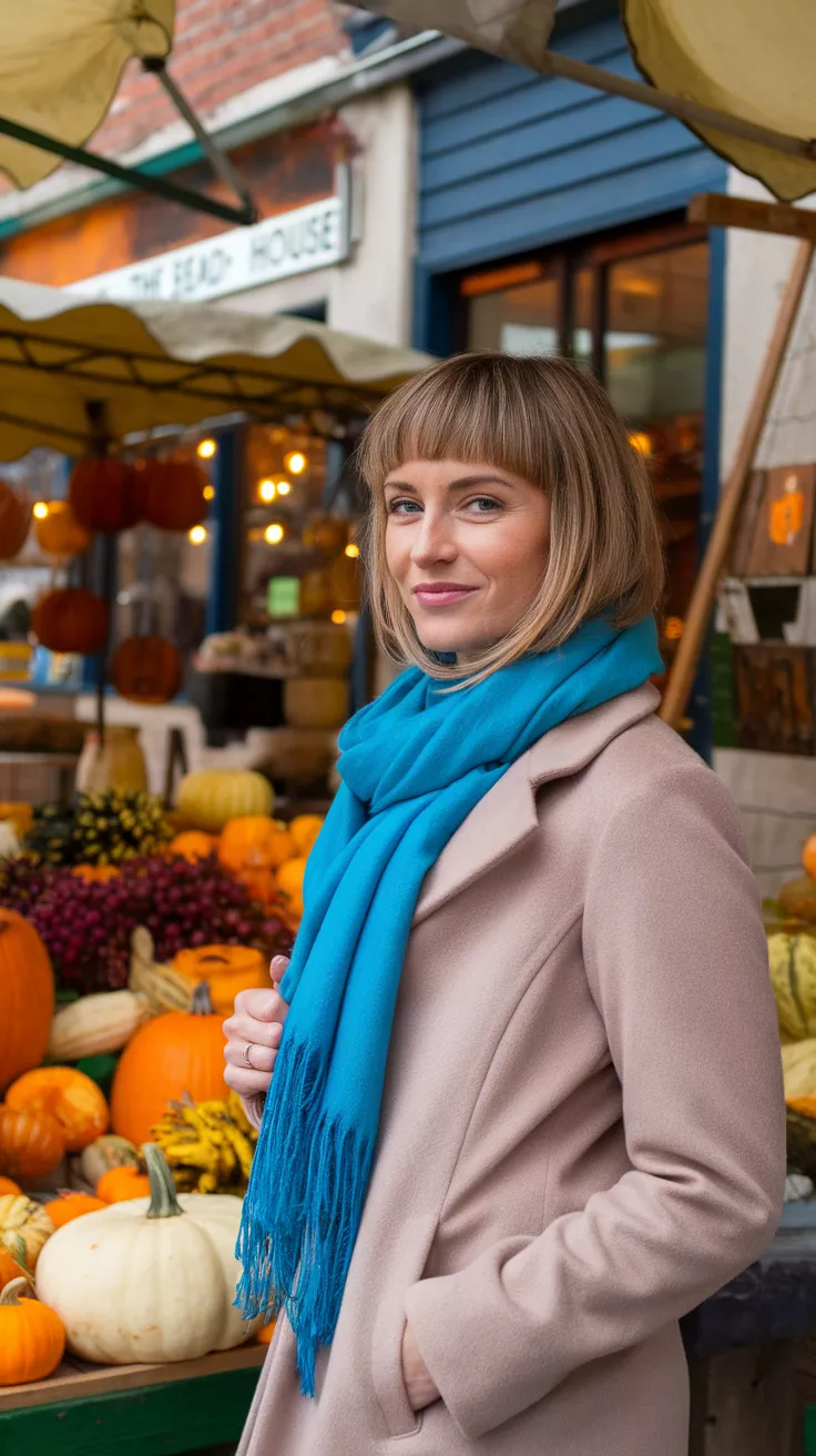Stacked Chin Bob A photo of a 33-year-old woman with a stacked chin bob, outdoor market with autumnal produce.