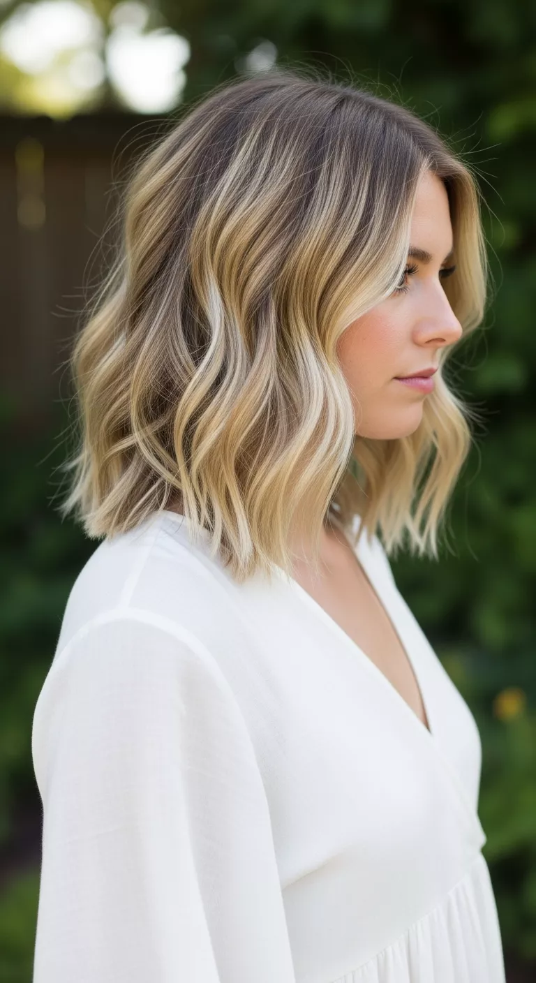 Rooty Blonde A photo of a 30-year-old woman with a natural rooty blonde, showcasing darker roots blending into a lighter blonde colored wavy lob, side view.