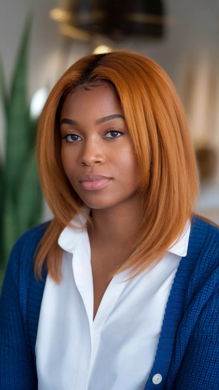 A photo of a 29-year-old black woman with a vibrant ginger colored medium length straight hair, front view.