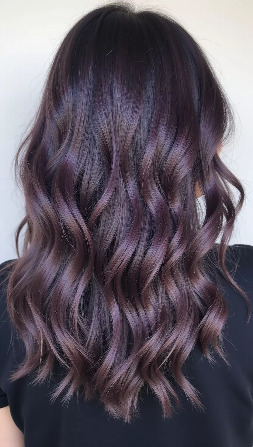 A photo of a 29-year-old woman with a deep, muted purple with smoky gray undertones, making it appear sophisticated and mysterious, colored medium-length wavy hair, back view.