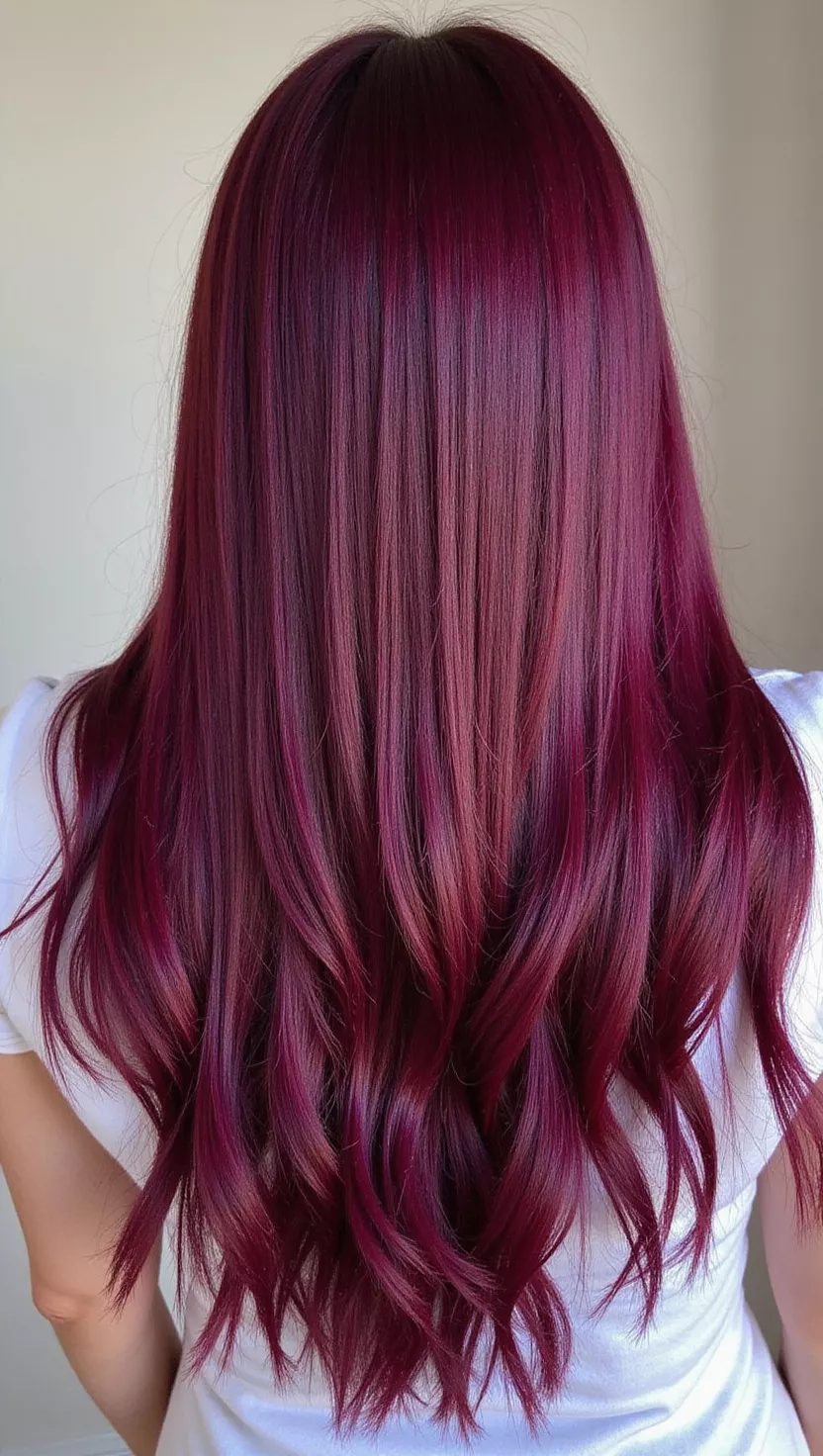 Burgundy A photo of a 30-year-old woman with a bold, rich burgundy hair color, a deep reddish-purple shade that is vibrant and luxurious, colored sleek, straight hair, back view.