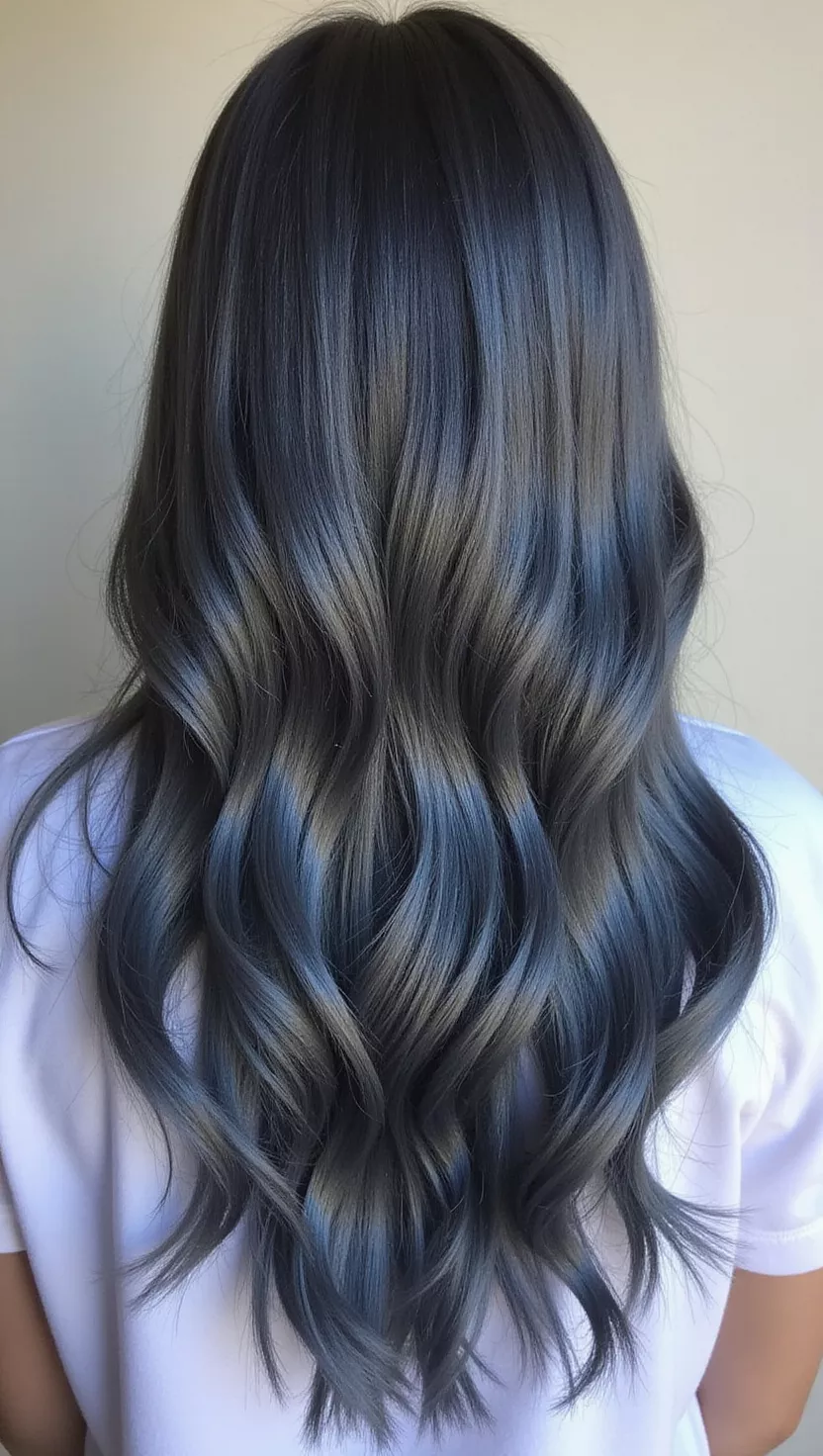 A photo of a 35-year-old woman with a dark, metallic gray with a subtle blue undertone, resembling the color of graphite, colored long, straight hair, back view.