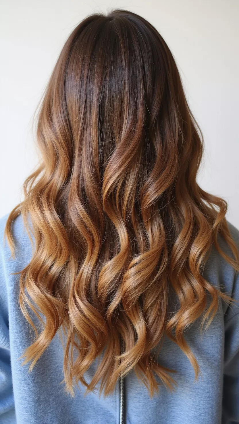 Maple Brown A photo of a 33-year-old woman with a warm medium brown with golden highlights colored long wavy hair, back view.