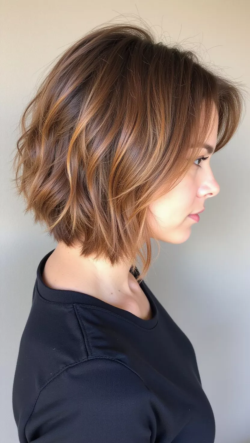 Sandy Brown Lowlights A photo of a 34-year-old woman with a Sandy Brown Lowlights colored medium-length bobs, back view.