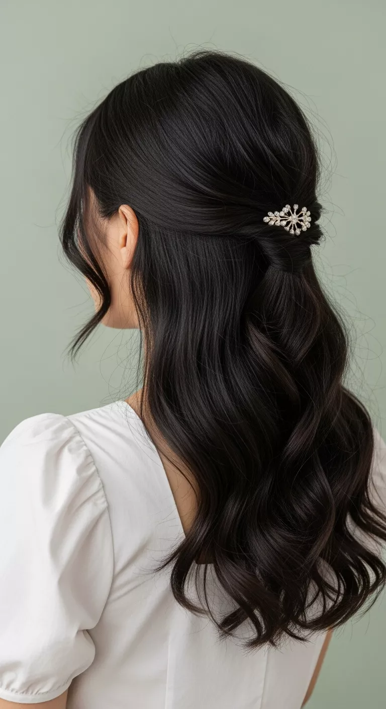 A photo of a 26-year-old woman with a twisted half updo.