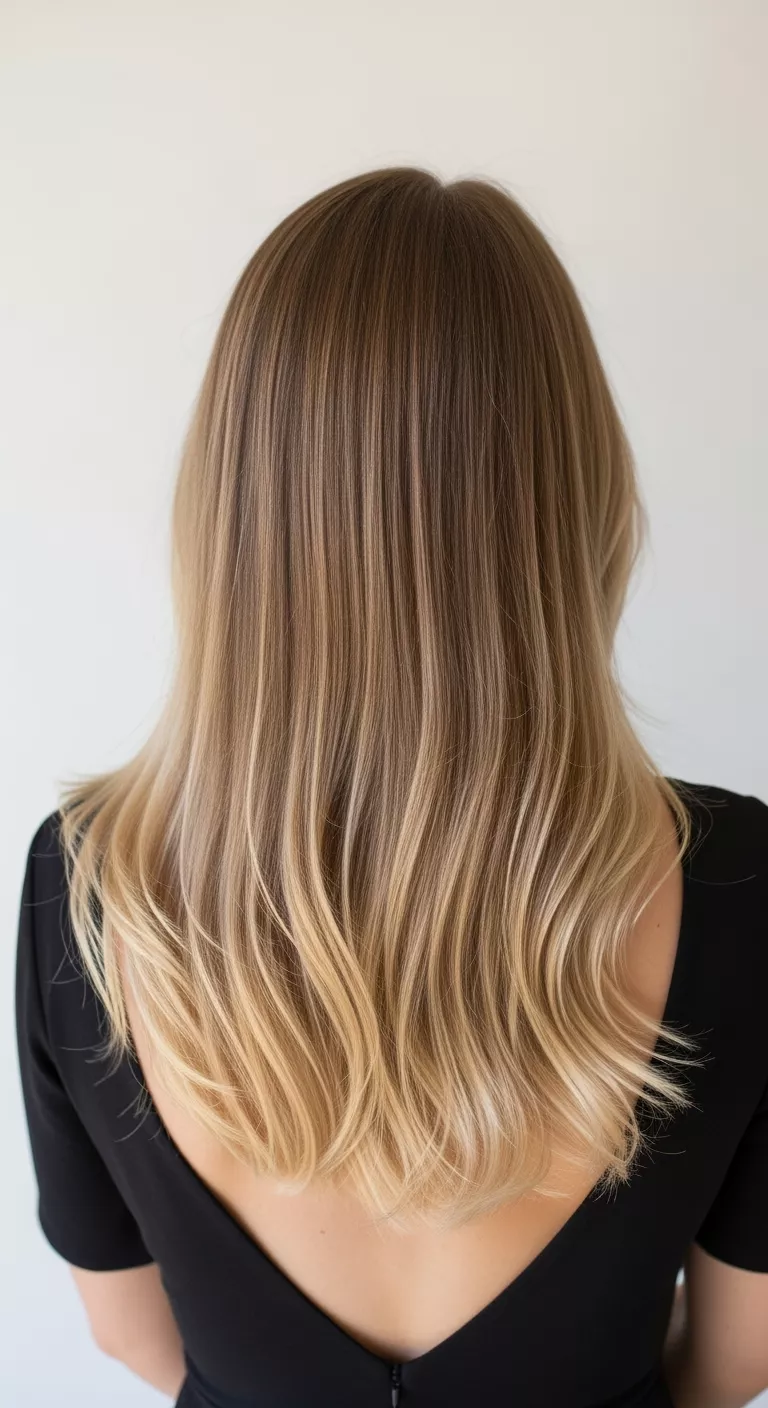 Faded Honey Blonde A photo of a 27-year-old woman with a warm, softened faded honey blonde with lighter ends colored long, straight hair, back view.