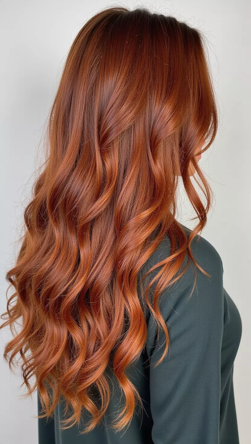 A photo of a 31-year-old woman with a Auburn Hair colored long waves, back view.
