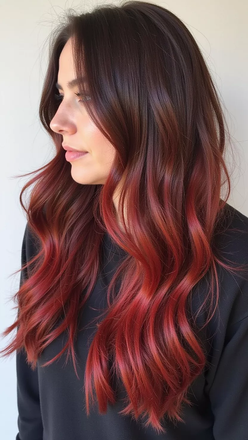 Cherry Cola A photo of a 30-year-old woman with a dark, rich brown base with vibrant, deep red undertones that become more visible in the light colored long, wavy hair, profile view.