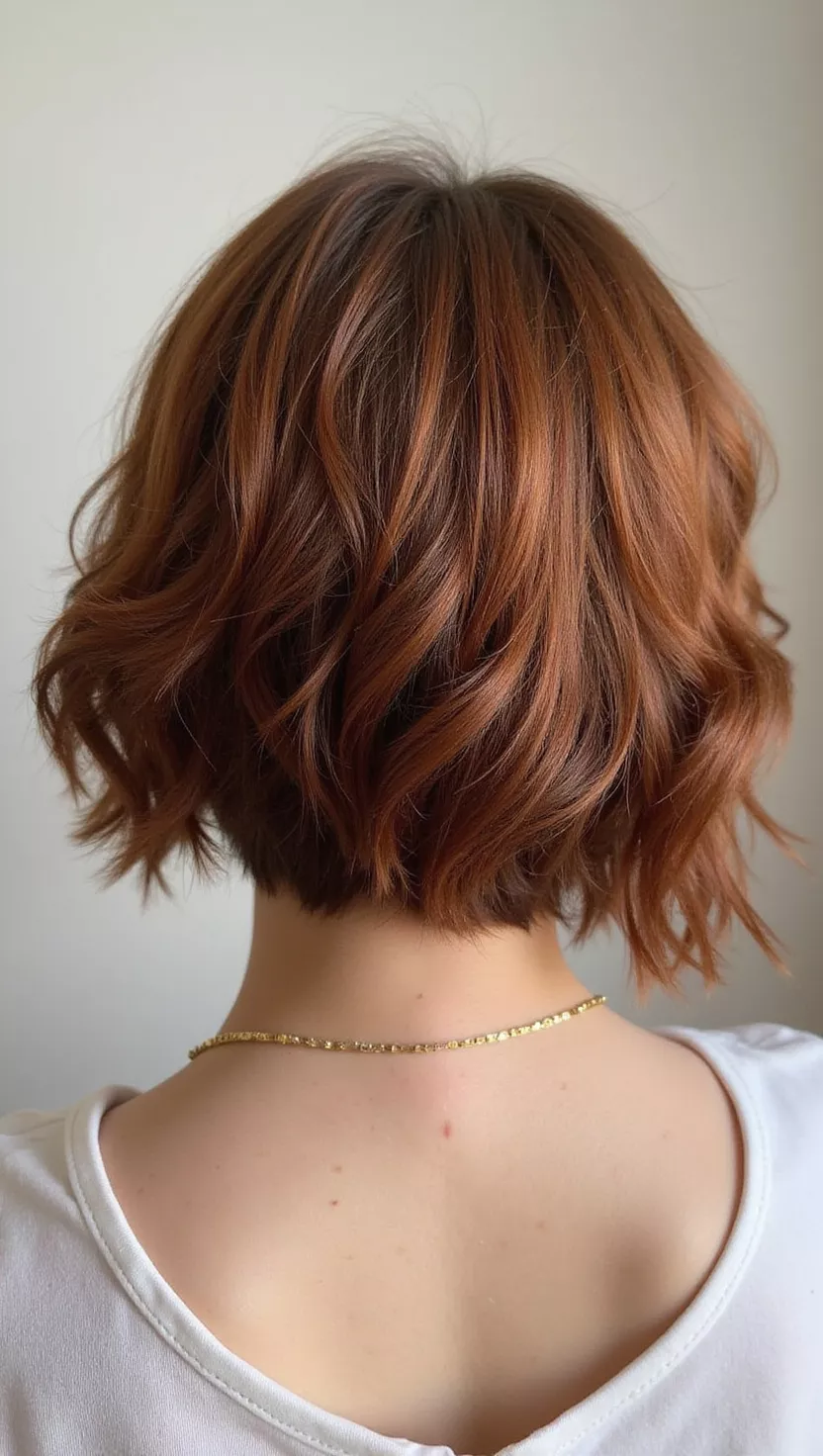 Copper Kissed Brown A photo of a 33-year-old woman with a Copper Kissed Brown colored short, textured cut, back view.