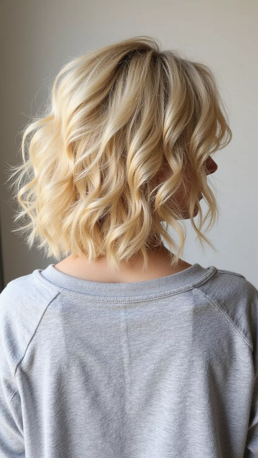 Creamy Golden Blonde A photo of a 27-year-old woman with a creamy golden blonde colored short curly hair, back view.