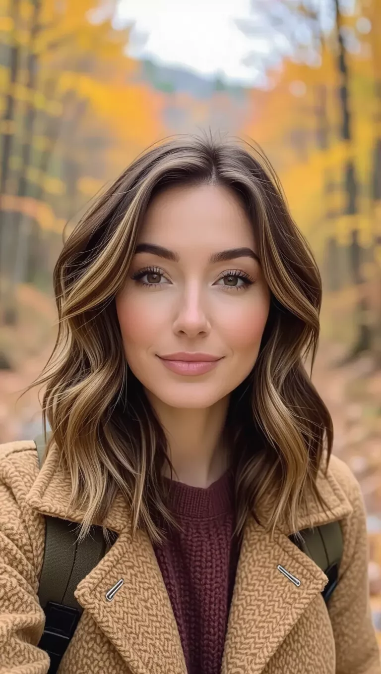 Shaggy Layers A photo of a 30-year-old woman with shaggy layers, autumnal hiking trail.