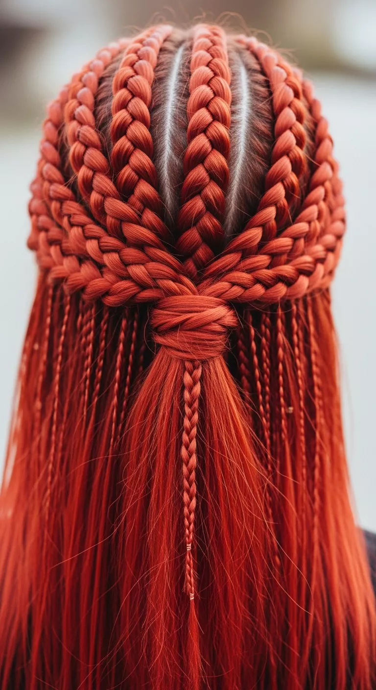 A photo of a 27-year-old woman with red hair color, styled in intricate braids, highlighting the vibrancy and texture of the hair, colored long, braided hair, back view.