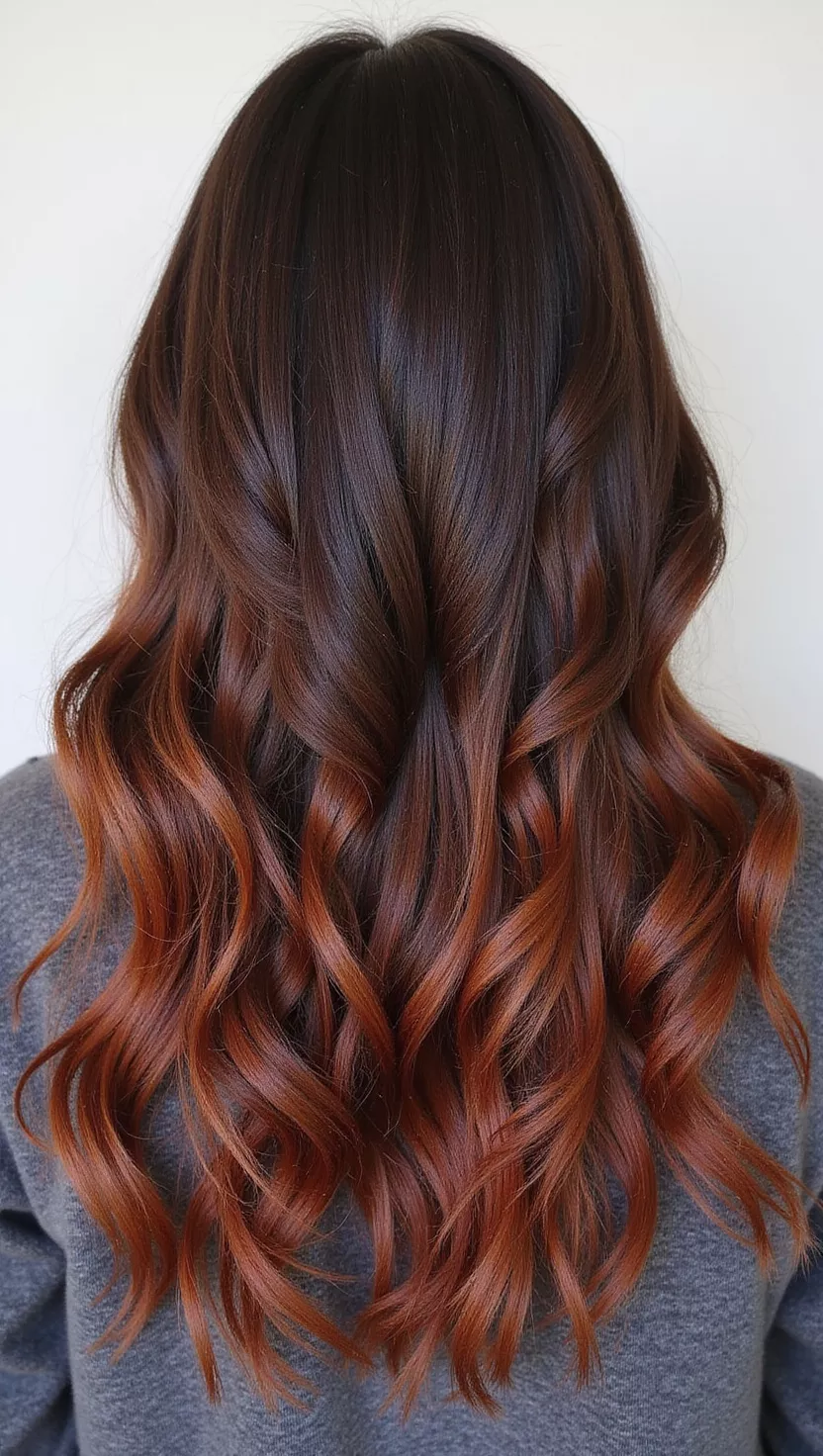 A photo of a 27-year-old woman with a very dark brown with hints of red and golden undertones, just like a deeply roasted coffee bean, colored long, soft curls, back view.